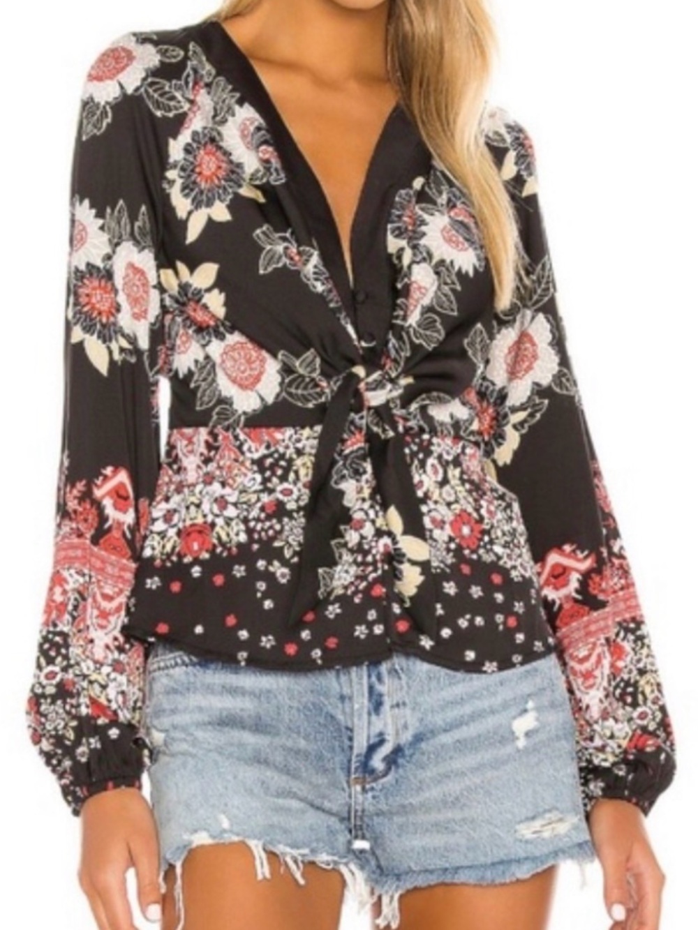 #339 FREE PEOPLE Run Free Black Floral Tie-Front V-Neck Beautiful Blouse M